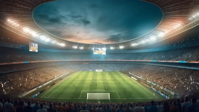 Fullsatt stadion i kveldslys